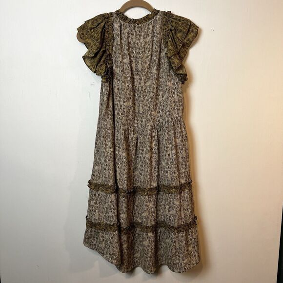 Aureum Sage Green Floral Tiered Ruffle Dress Sz S #AD1055 - Picture 4 of 11